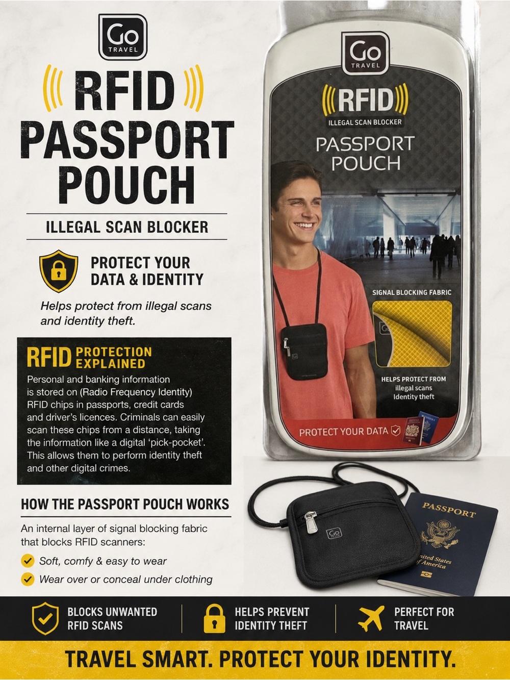 RFID Blocking Passport Pouch Travel Neck Wallet Anti-Theft Secure